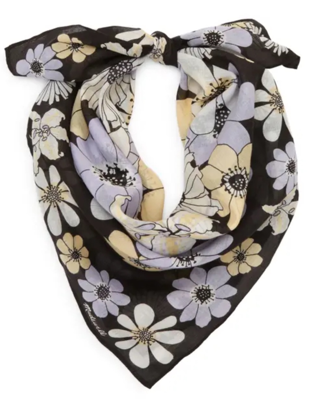 Madewell Black Floral Square Scarf with Yellow & Lavender Blooms